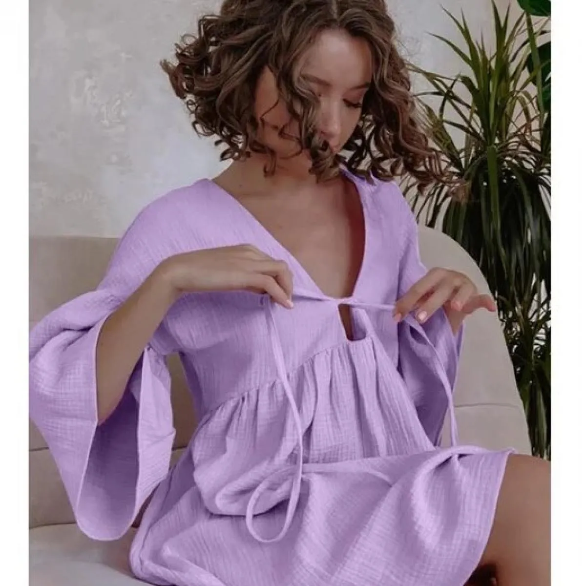 Abito da notte allentato Donna Cotone Peplo Mezza manica Scollo a V Indumenti da notte Donna 2023 Primavera Abiti casual da donn
