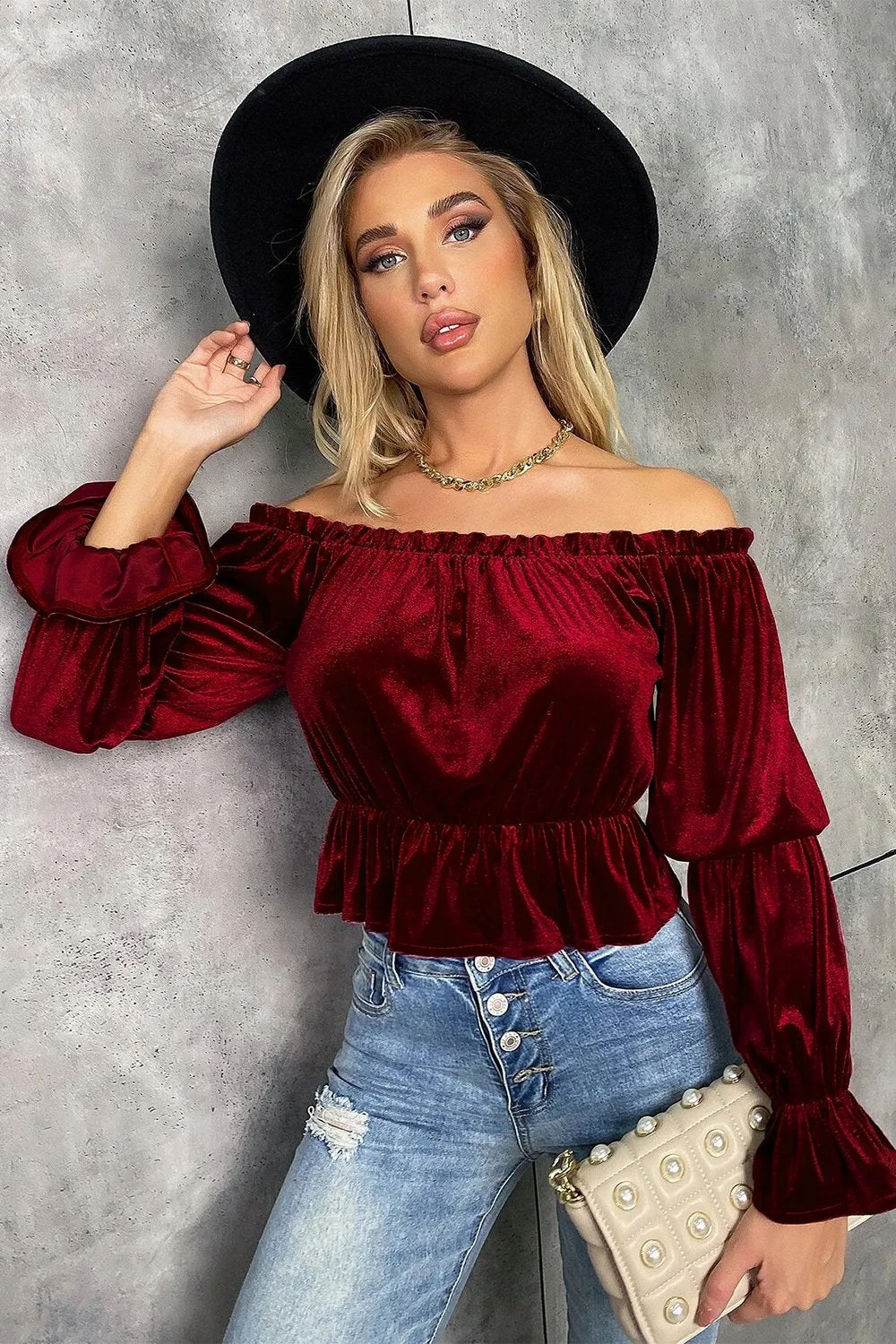 Blusa natalizia in velluto bordeaux