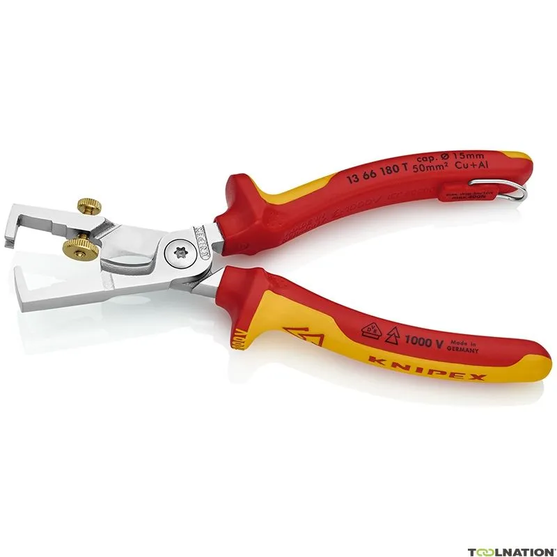 Knipex 13 66 180 T 1366180T Spelacavi VDE 180 mm con tagliacavi e gancio di fissaggio