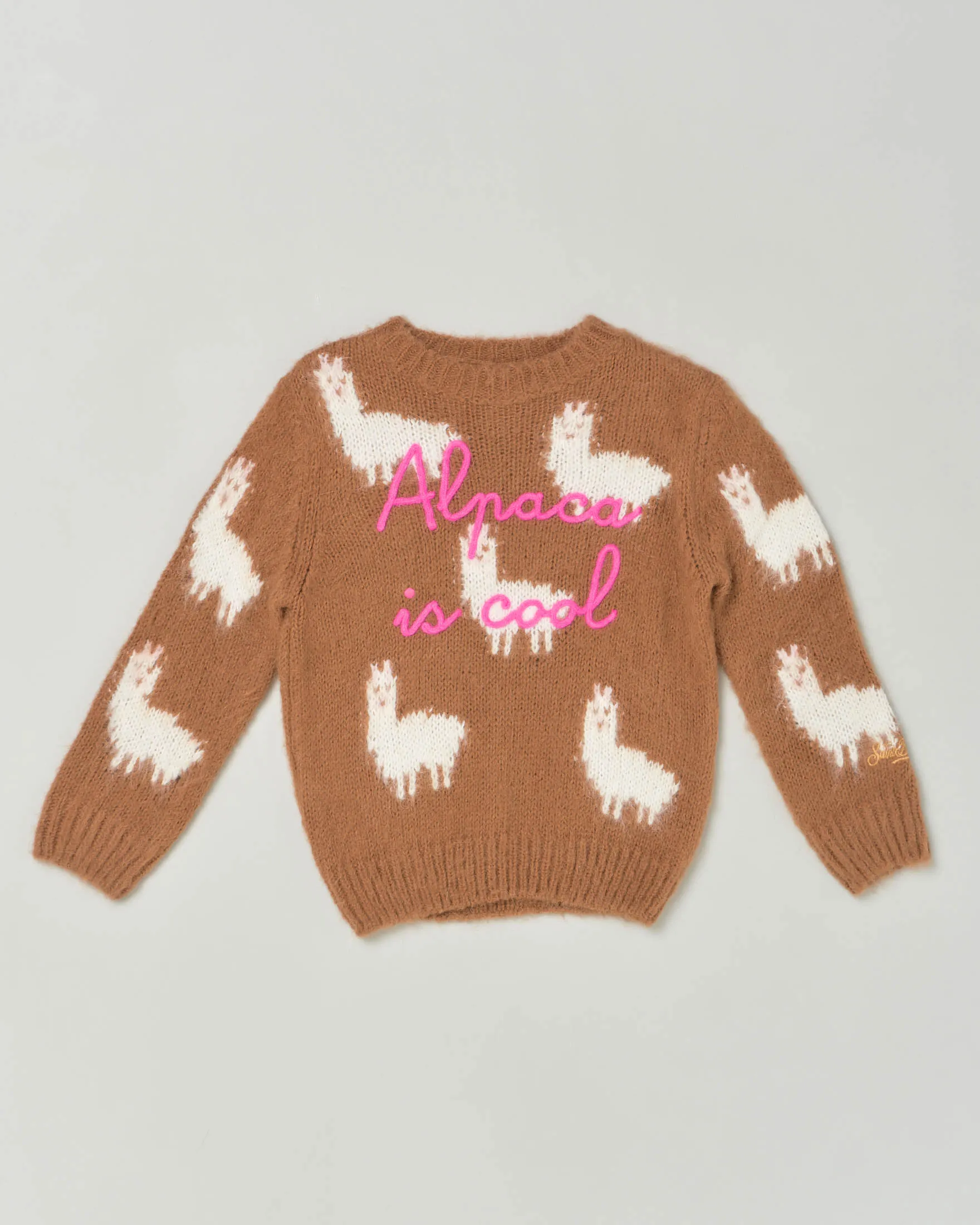 Maglia marrone con fantasia alpaca bianca all-over in misto lana di alpaca 10-12 anni