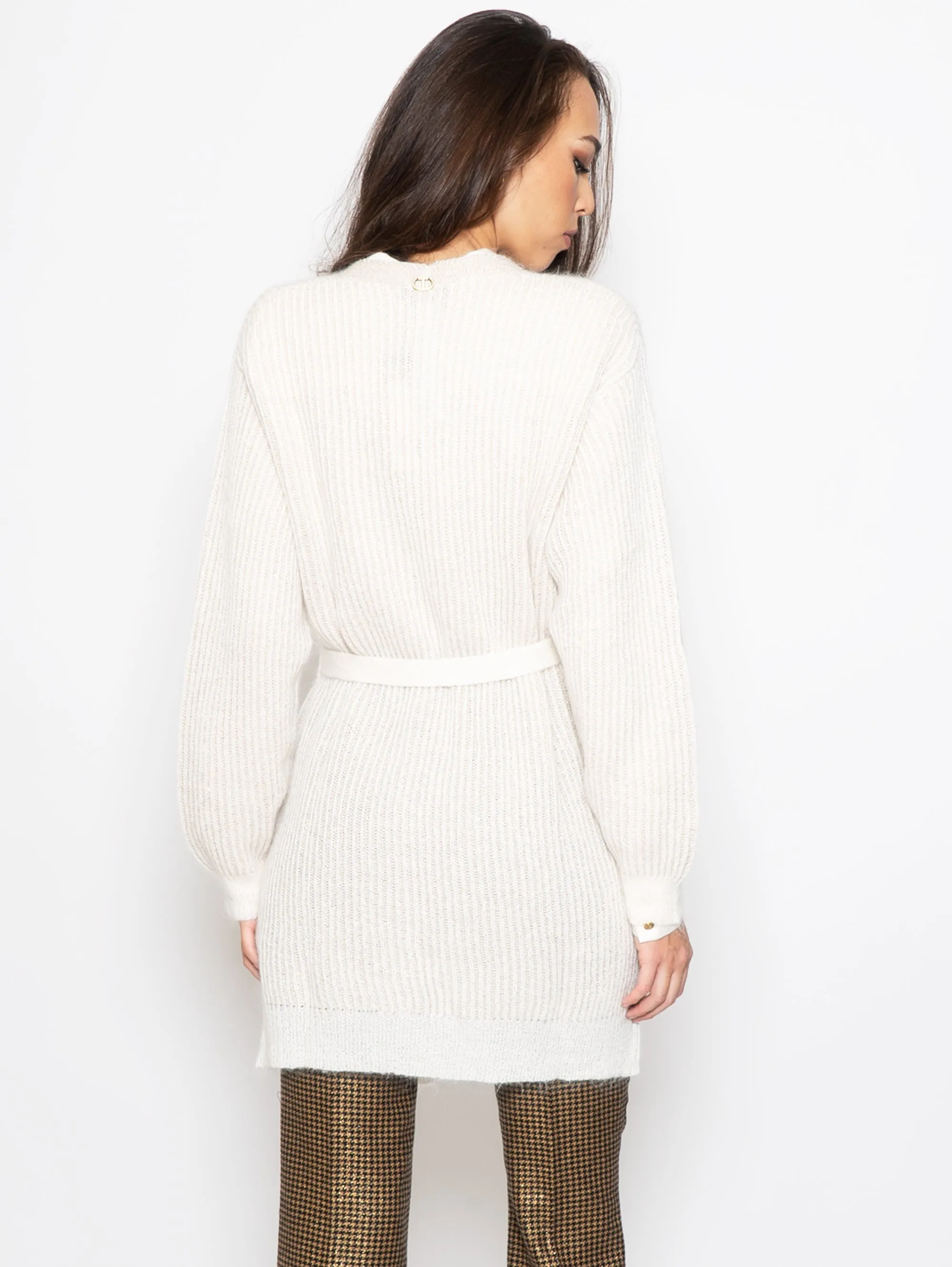 Maxi Cardigan a Coste con Lurex Neve/Oro