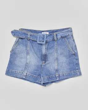 Short in denim di misto cotone e lino lavaggio chiaro stone washed con cintura in vita 10-14 anni